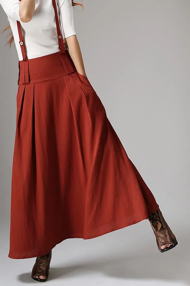 Vintage A-Line Suspender Skirt – Dark Rust Linen, Maxi Length – 1035