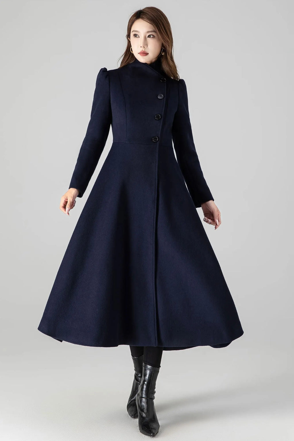 Dark Blue Wool Blend A-Line Coat - Long Silhouette with Pockets 4506