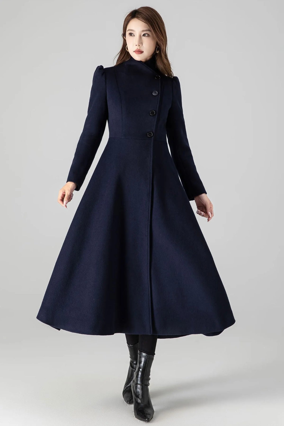 Dark Blue Wool Blend A-Line Coat - Long Silhouette with Pockets 4506