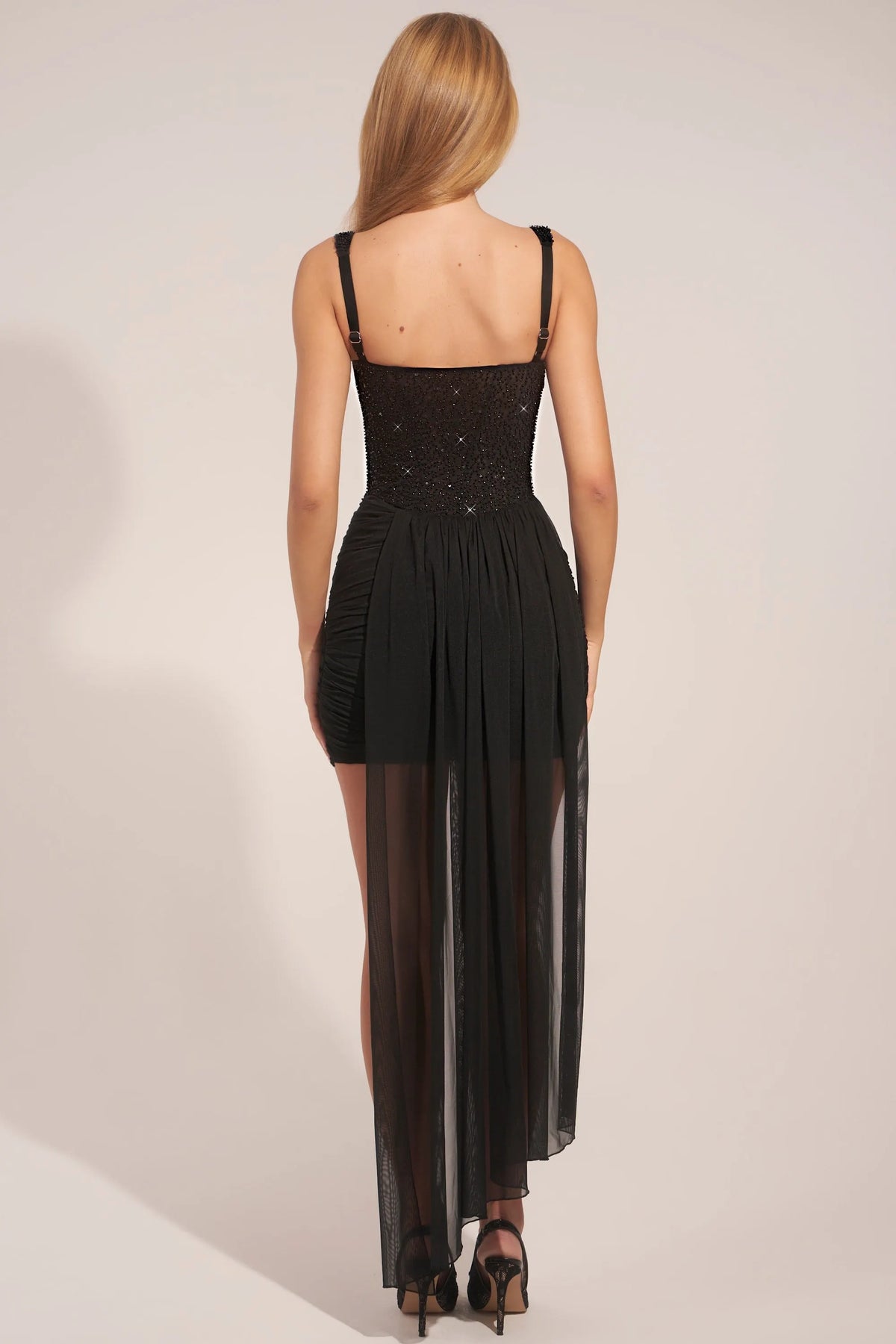 Corseted Draped Mini Dress in Black