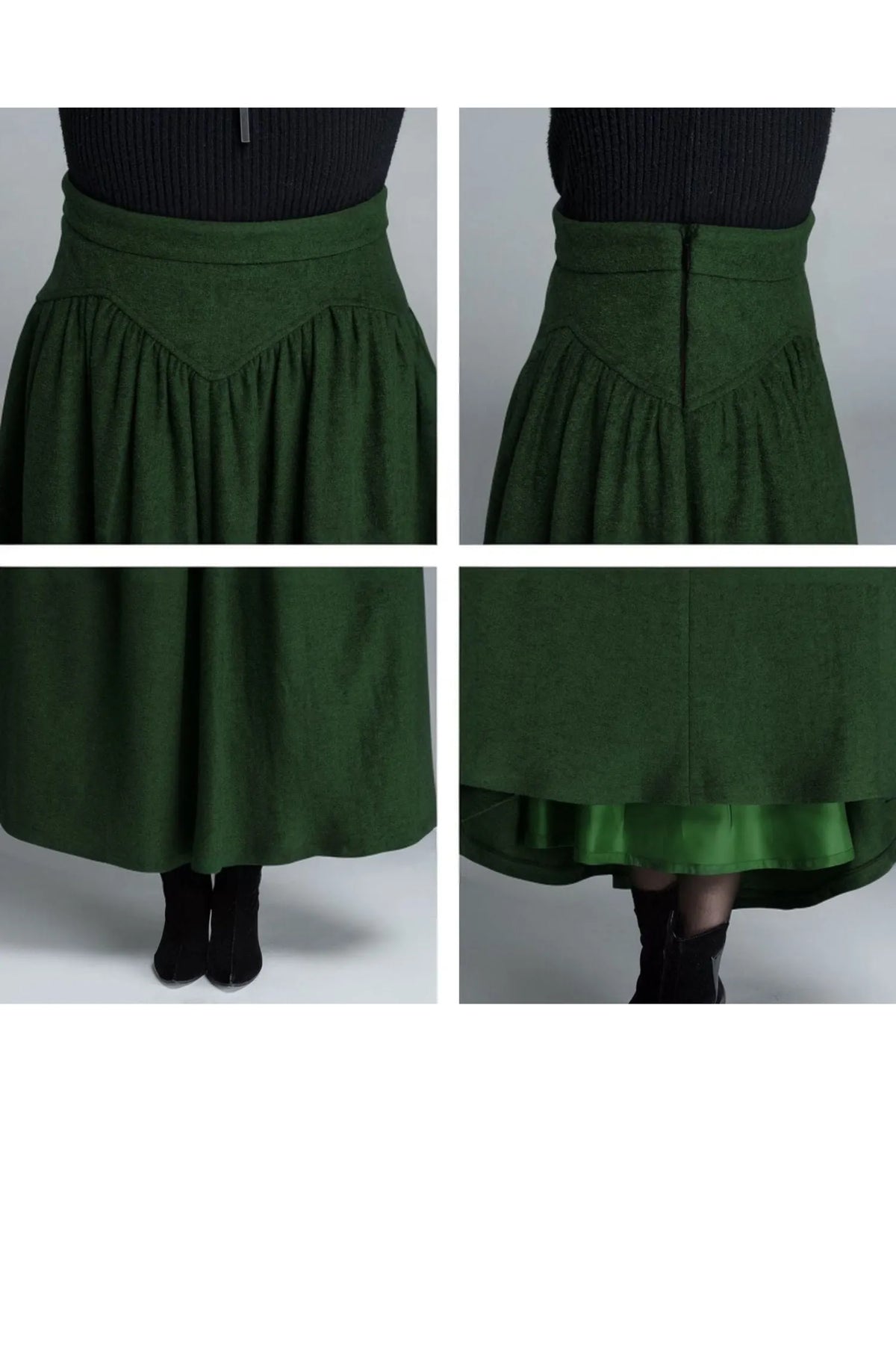 Green Wool Blend Maxi Skirt – Handmade Vintage High Waist Pleated Winter Elegance 5228