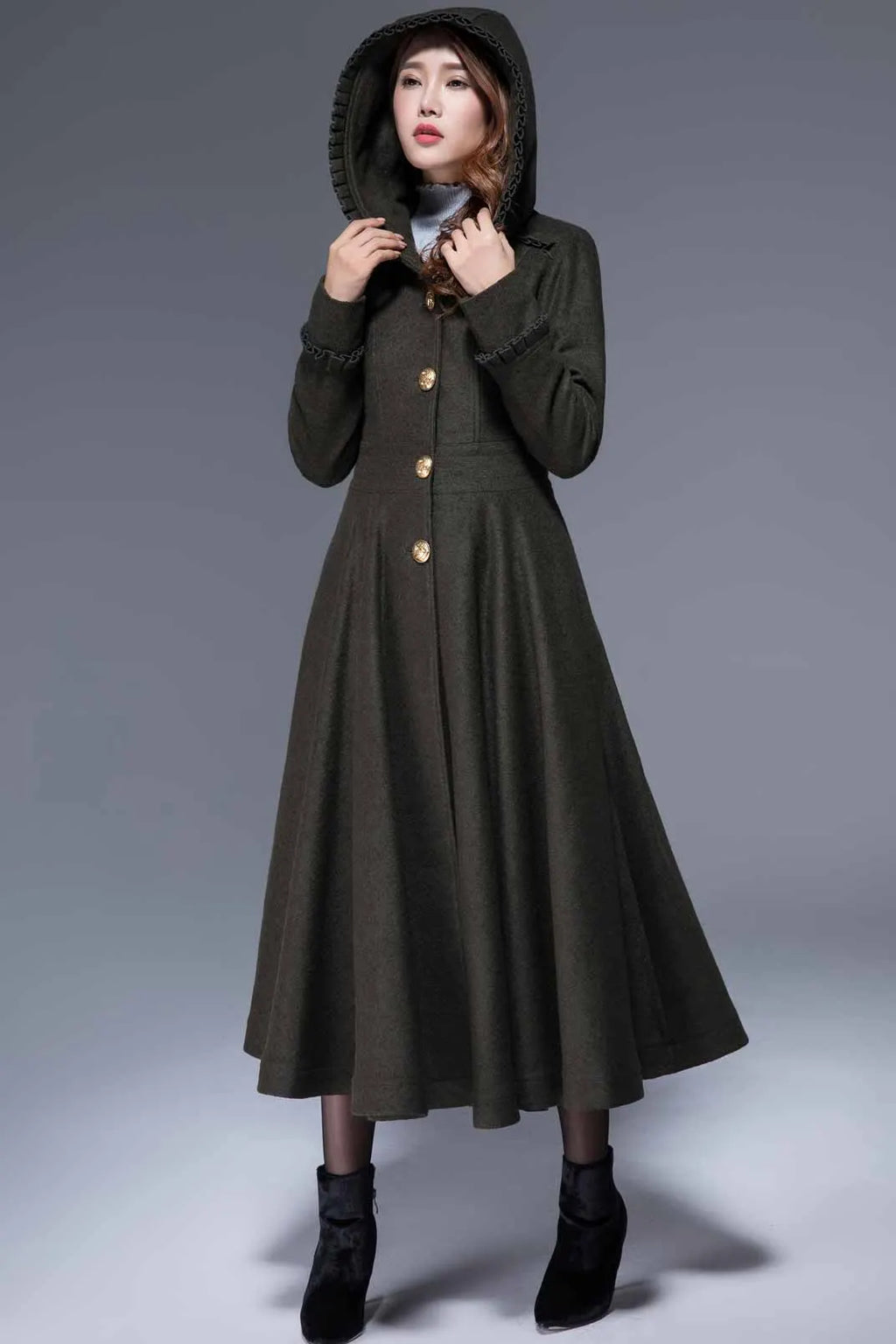 Army Green Hooded Wool Maxi Coat – Ruffle Trim Fit & Flare Winter Coat 