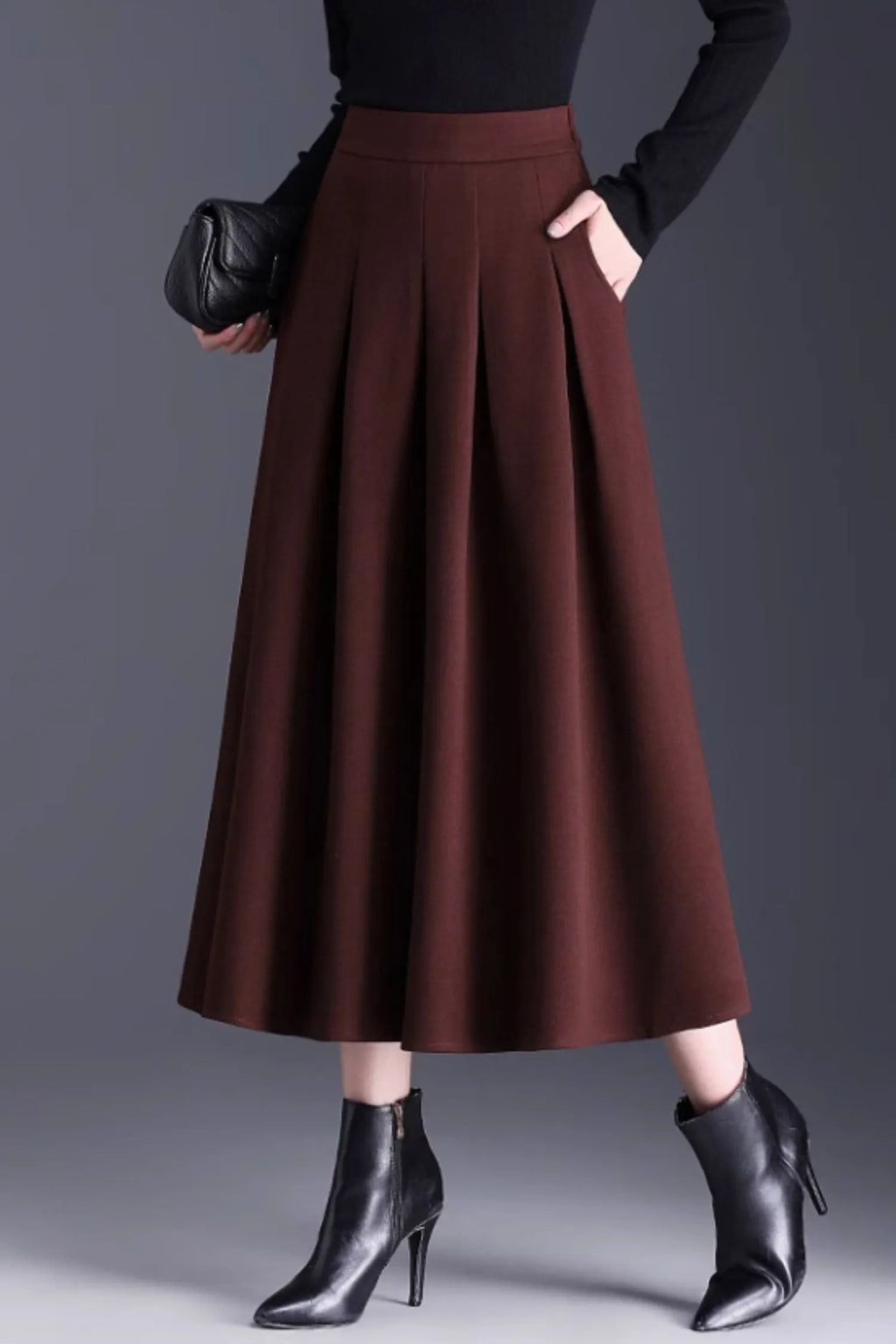 Burgundy Wool Midi Skirt - Pleated A-Line Silhouette 6138