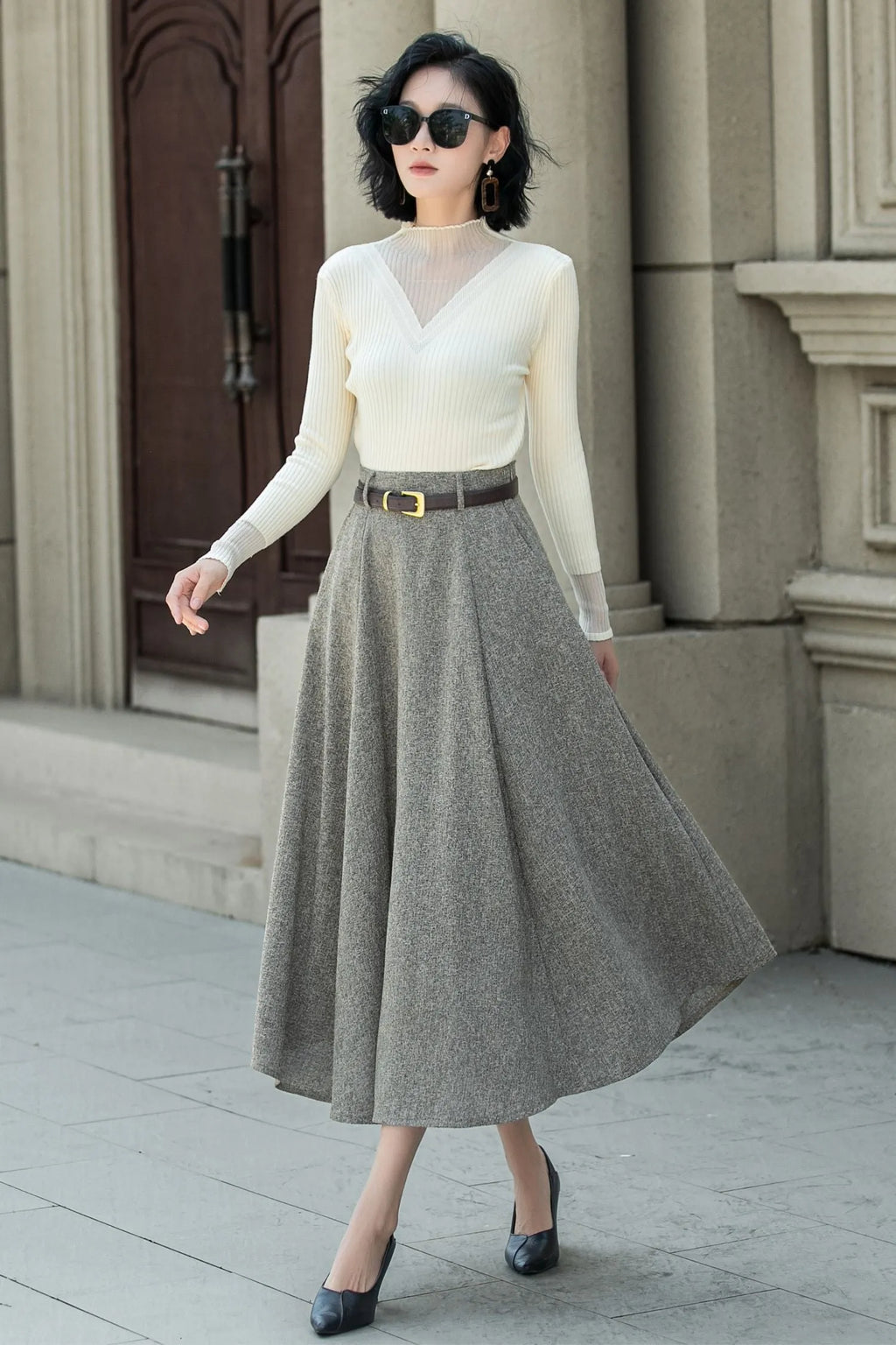 Gray Wool A-Line Midi Skirt - High Waist with Pockets 5313