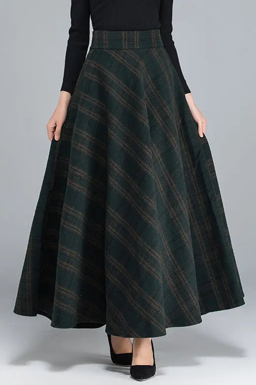 Plaid Wool A-Line Maxi Skirt - Elastic Waist, Side Pockets 3932
