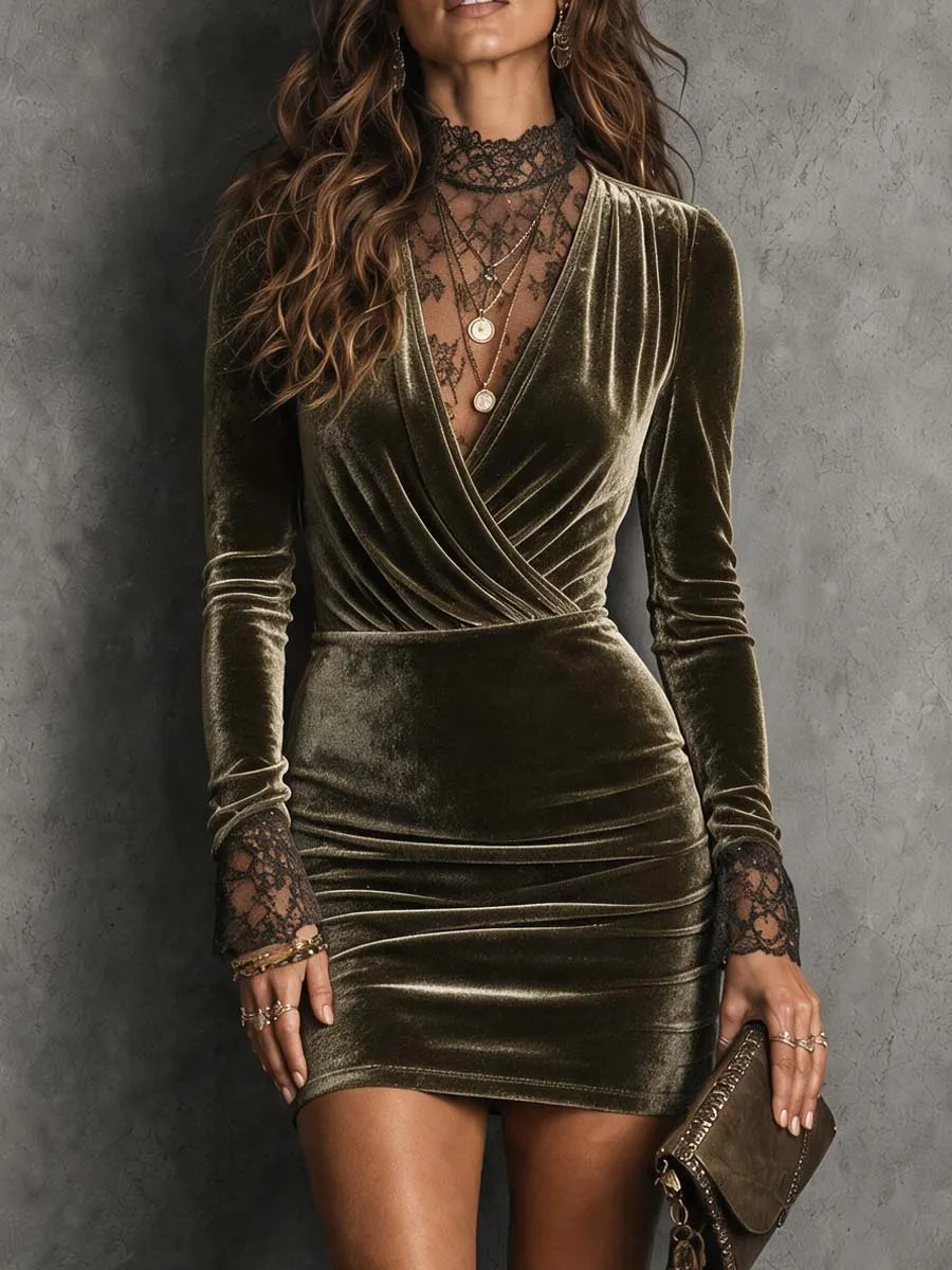 Vintage Velvet Wrap Mini Dress with Lace Mock Neck and Cuffs
