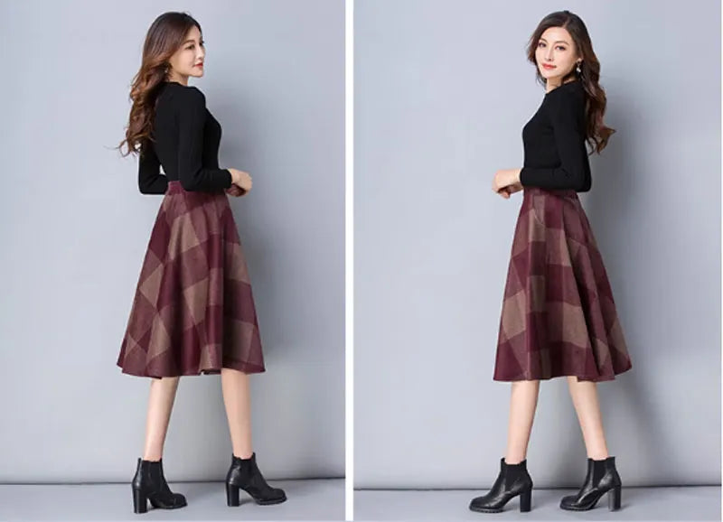 Plaid Wool Knee Length Skirt - Elastic Waist with Pockets 4642