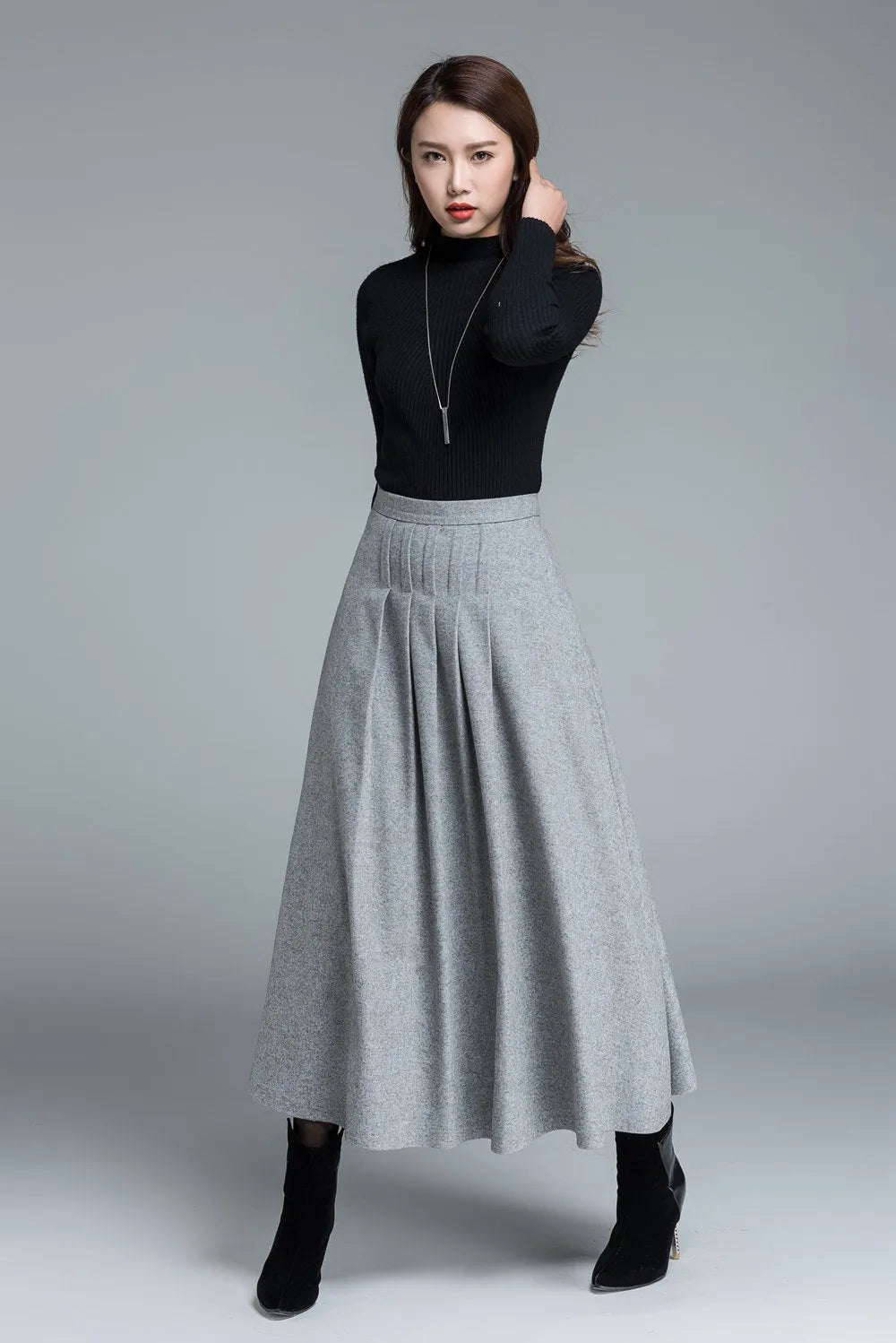 Light Gray Wool Maxi Skirt – Elegant Pleated Long Skirt with Waist Detail 1643