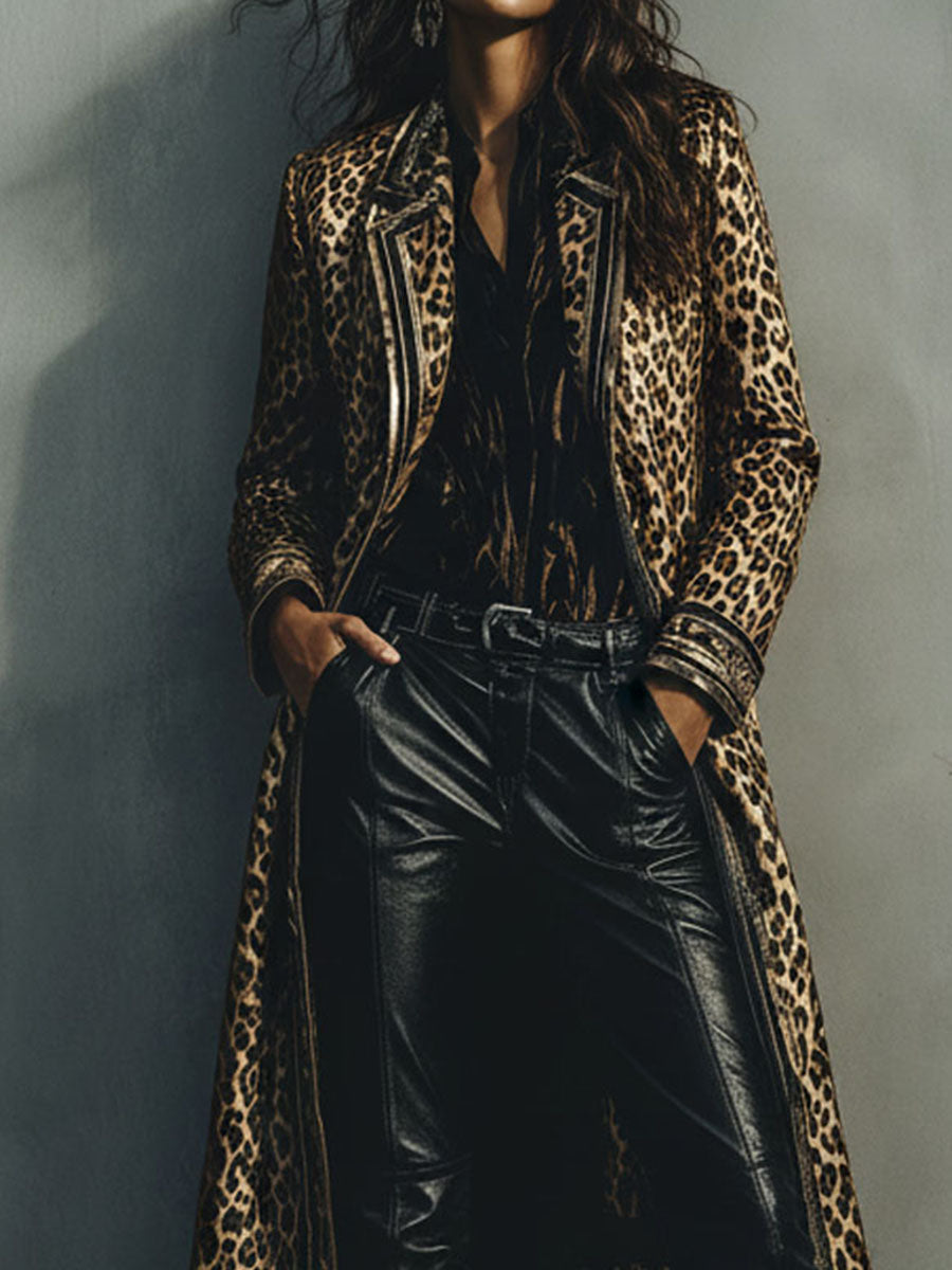 Vintage Woolen Blend Leopard Pattern Long Coat