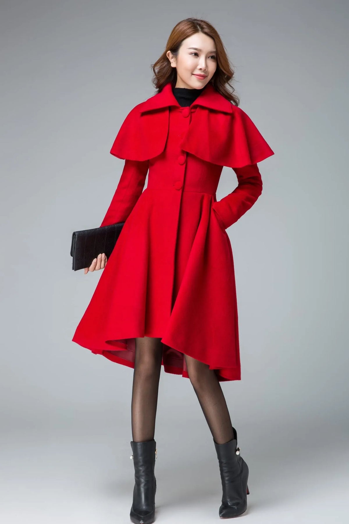 Handmade Red Wool Cape Coat – Vintage High-Low Winter Overcoat with Detachable Cape 