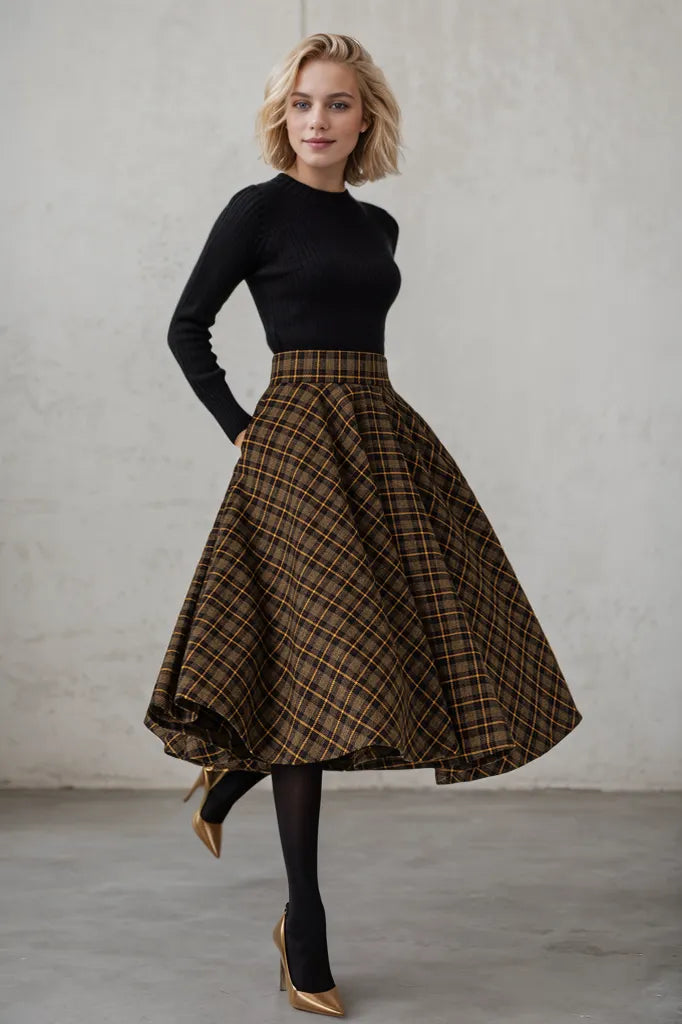Brown Wool Midi Swing Skirt - High Waist A-Line Plaid 5329