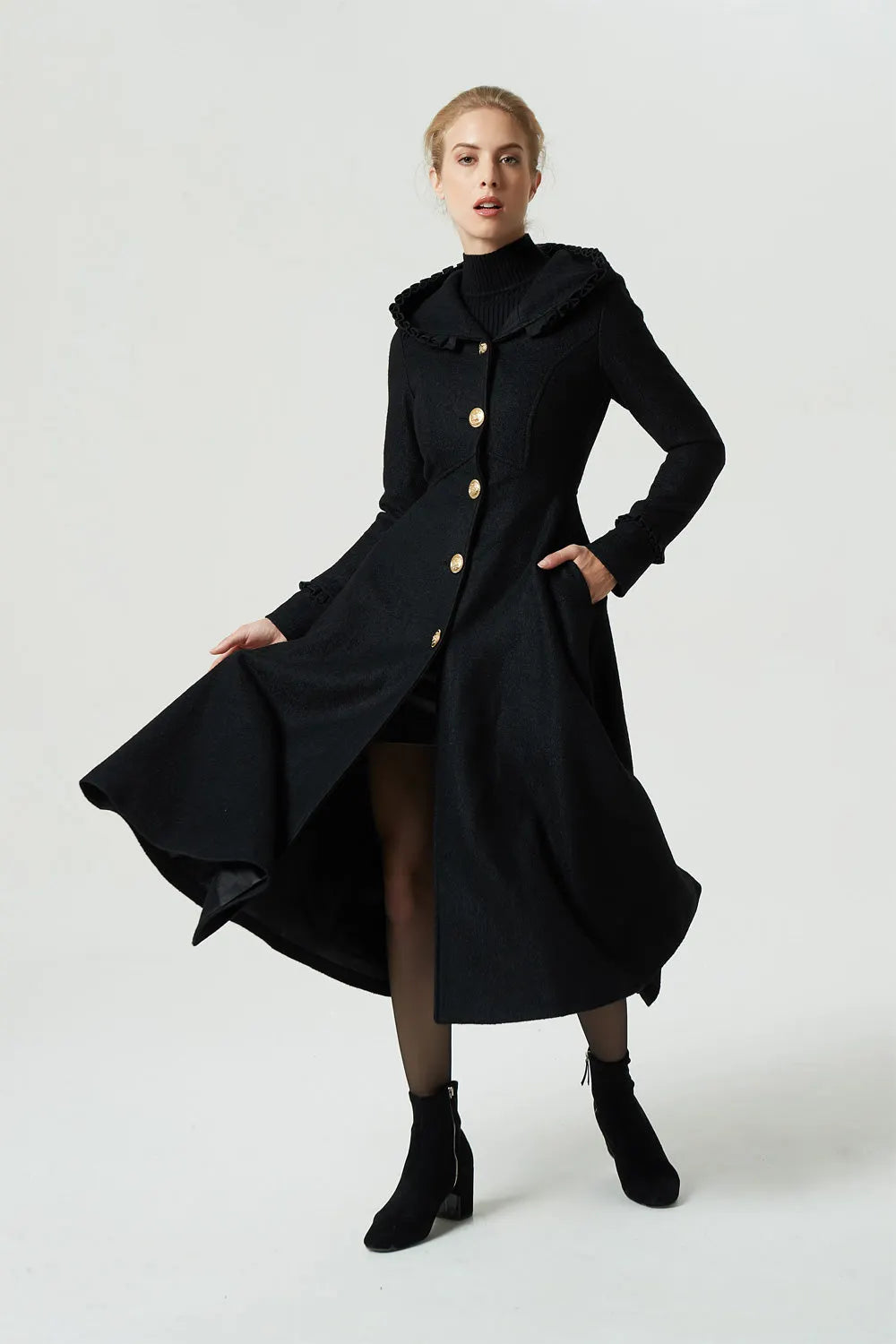 Vintage Wool Coat for Women – Handmade Black Hooded Fit and Flare Maxi Coat with Gold Buttons 