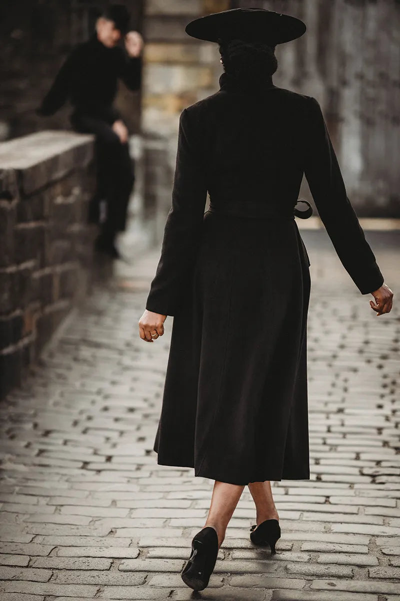 Handmade Black Wool Coat – Long Single-Breasted High-Collar Winter Overcoat for Women 