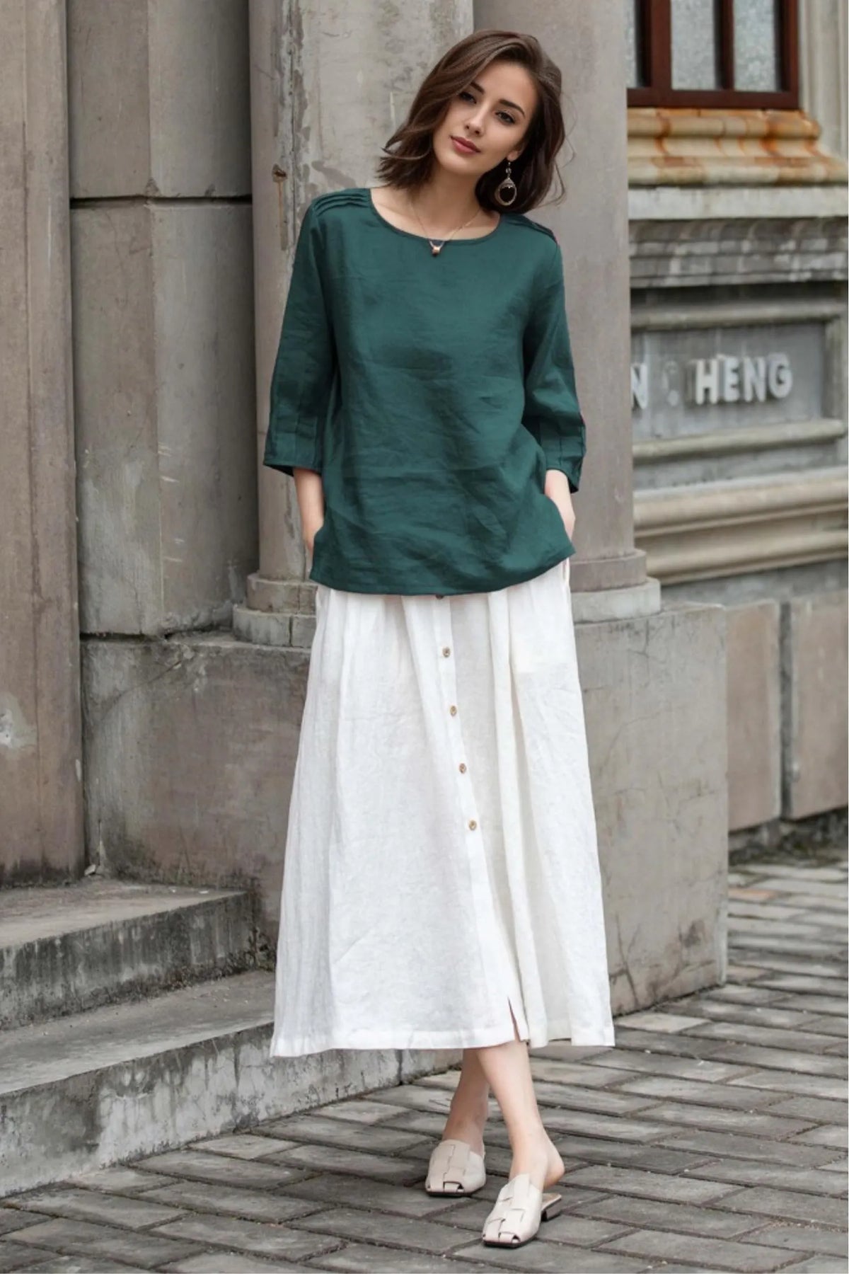Green Linen Blouse - Loose Fit with Boat Neckline 5781