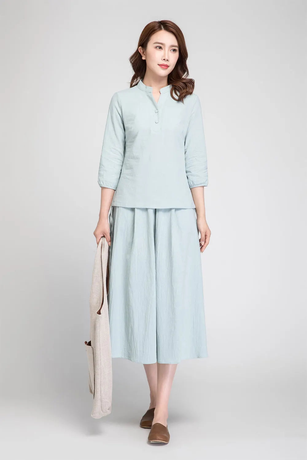 Mint Linen Blouse - Banded Neckline with Button Detail 1881