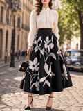 Vintage Black White Floral Print Maxi Swing Skirt