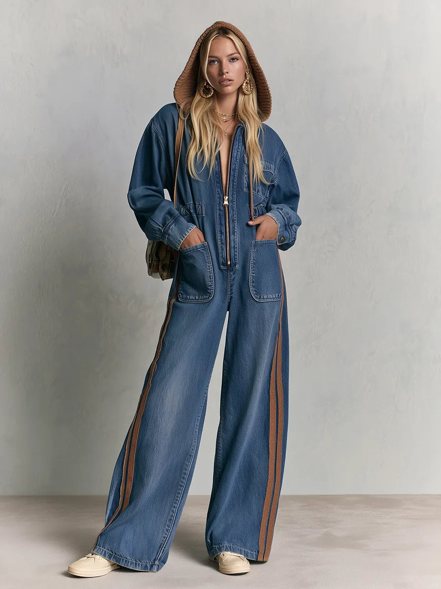 Side Stripes Hooded Wide Leg Denim Jumpsuit