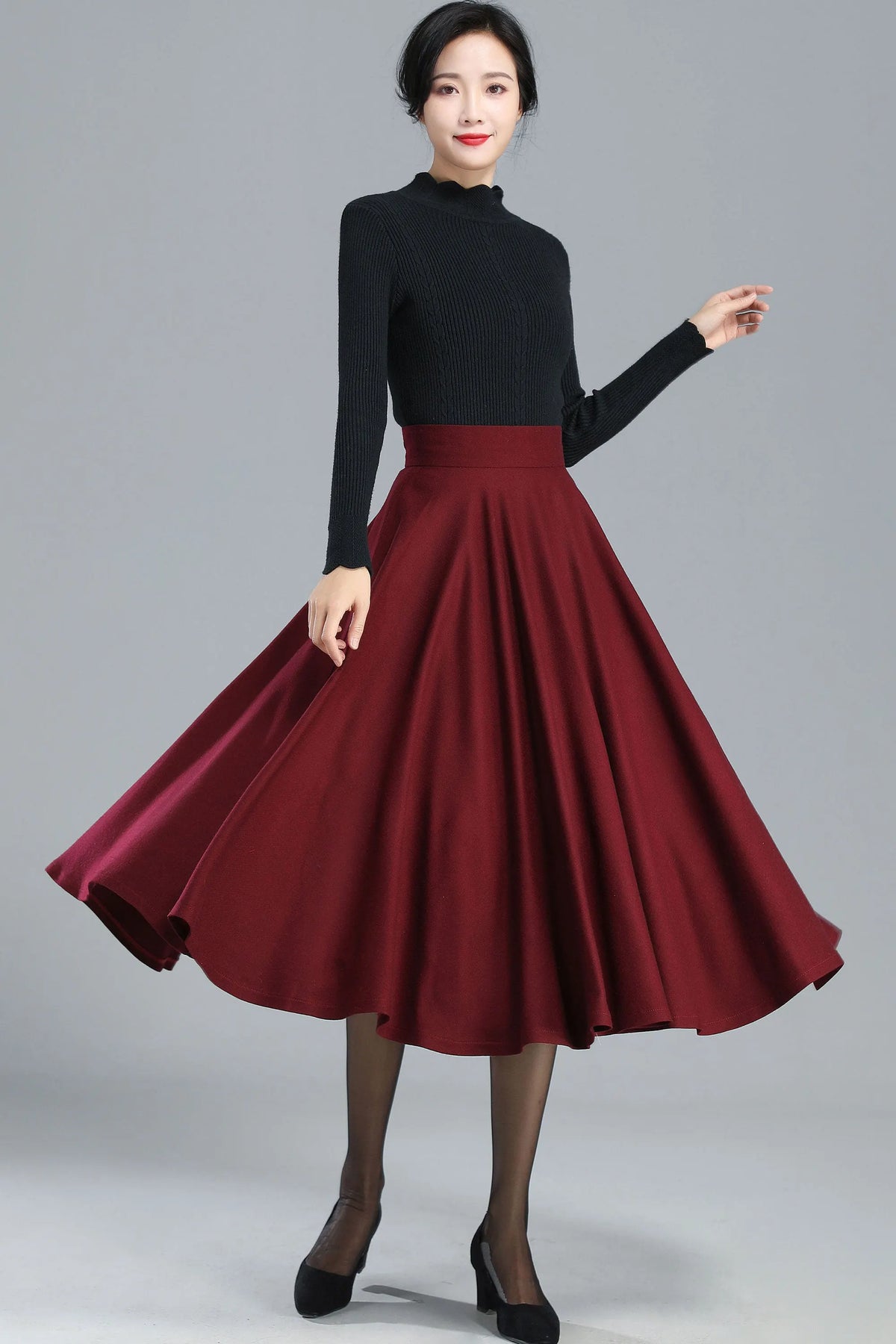 Burgundy Wool Blend Midi Skirt - High-Waisted Full Circle 