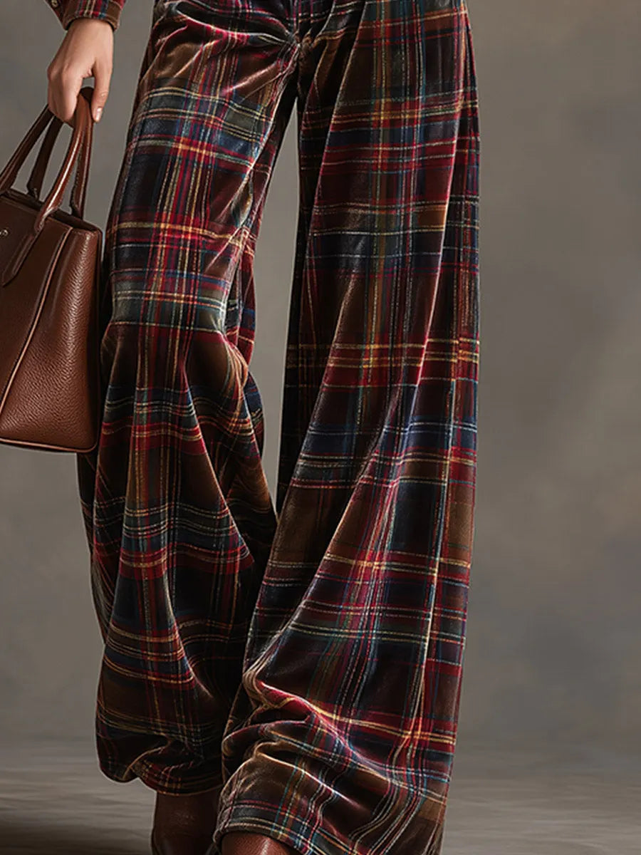 Women's Plaid Velvet Zip-Front Wide-Leg Jumpsuit