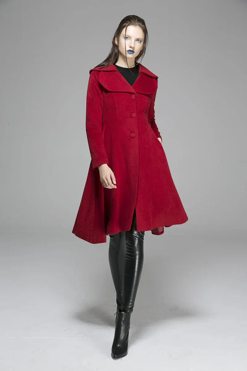 Red Wool Coat Dress – Winter Holiday Party & Romantic Evening Overcoat 1366