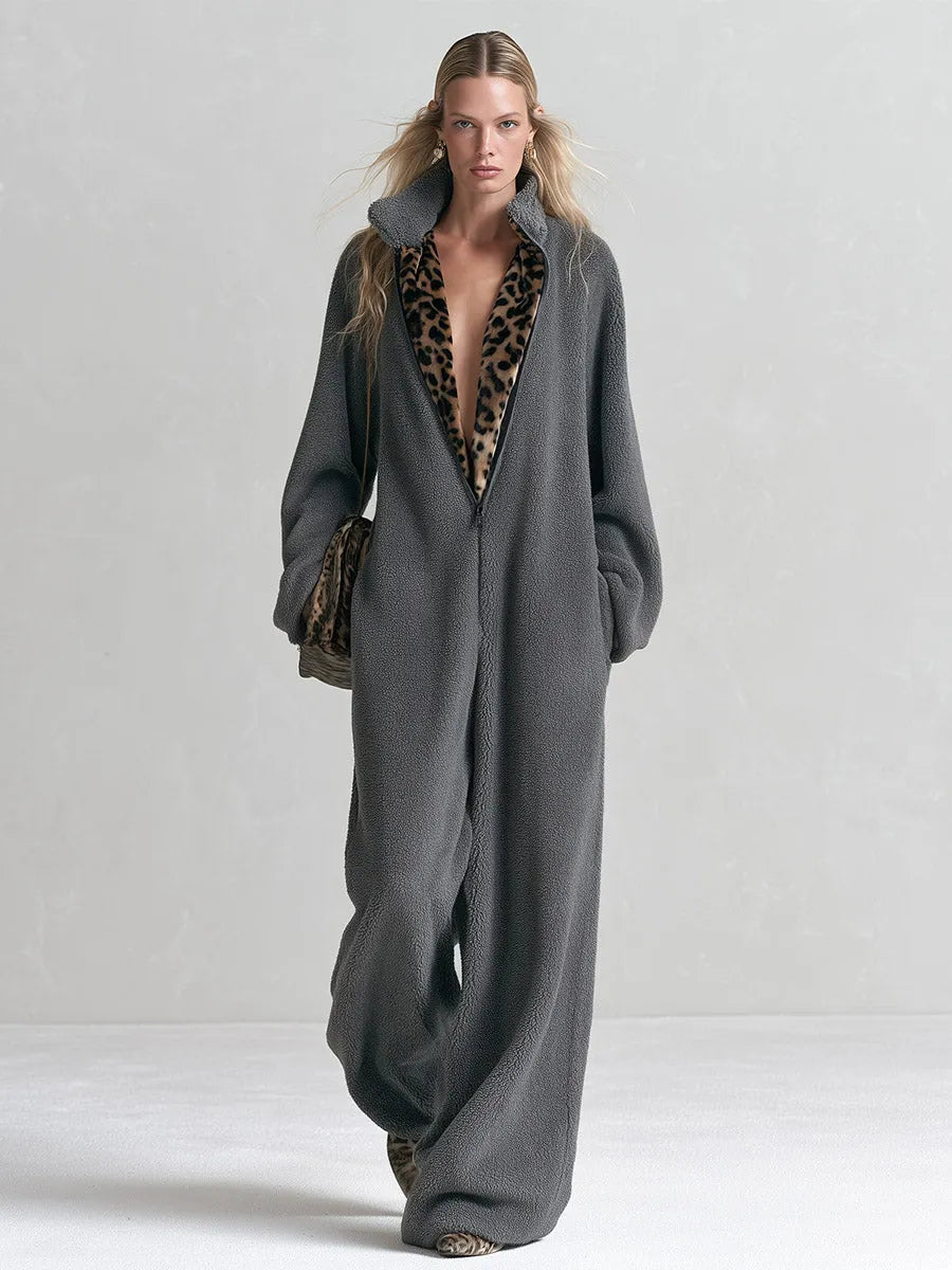 Chic Casual Leopard-Print Trim Grey Fleece Jumpsuit
