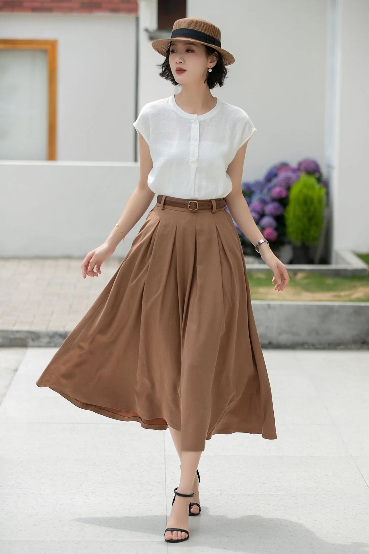 Coffee Linen Midi Skirt - Pleated A-Line with Belt Loops 5982