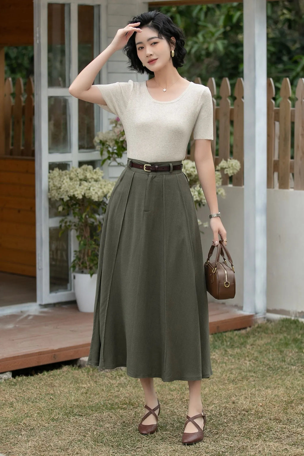 Xiaolizi Army Green Linen Midi Skirt – Vintage High Waist A-Line 6695