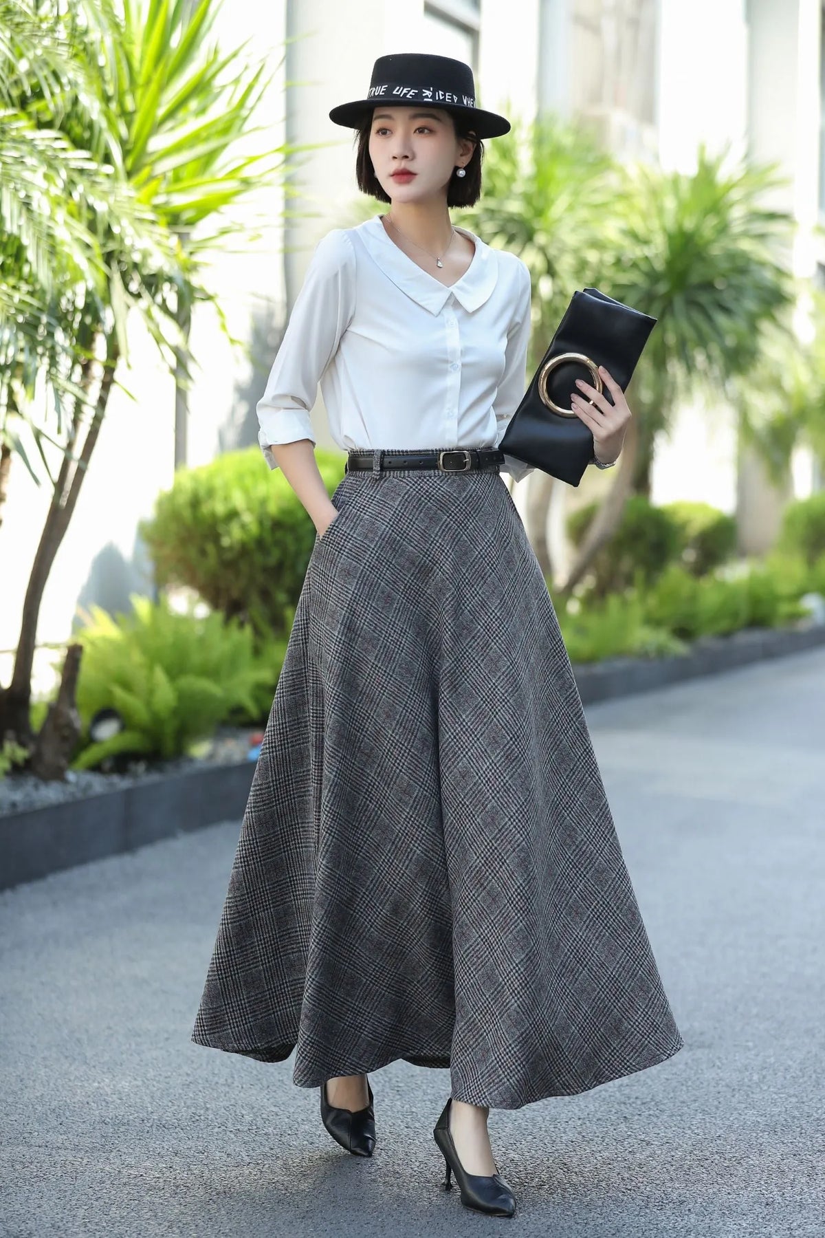 Gray Plaid Wool Maxi Skirt – Vintage High Waist Winter Skirt with Pockets 3106