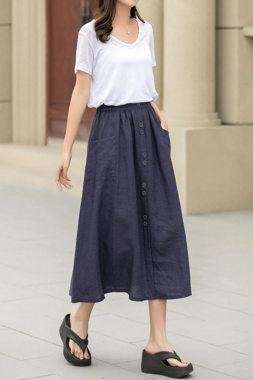 Dark Blue Linen Midi Skirt - Button-Up, Elastic Waistband 4944