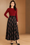 Handmade Black Red Plaid Wool Maxi Skirt – Vintage High Waist A-line Winter Elegance 