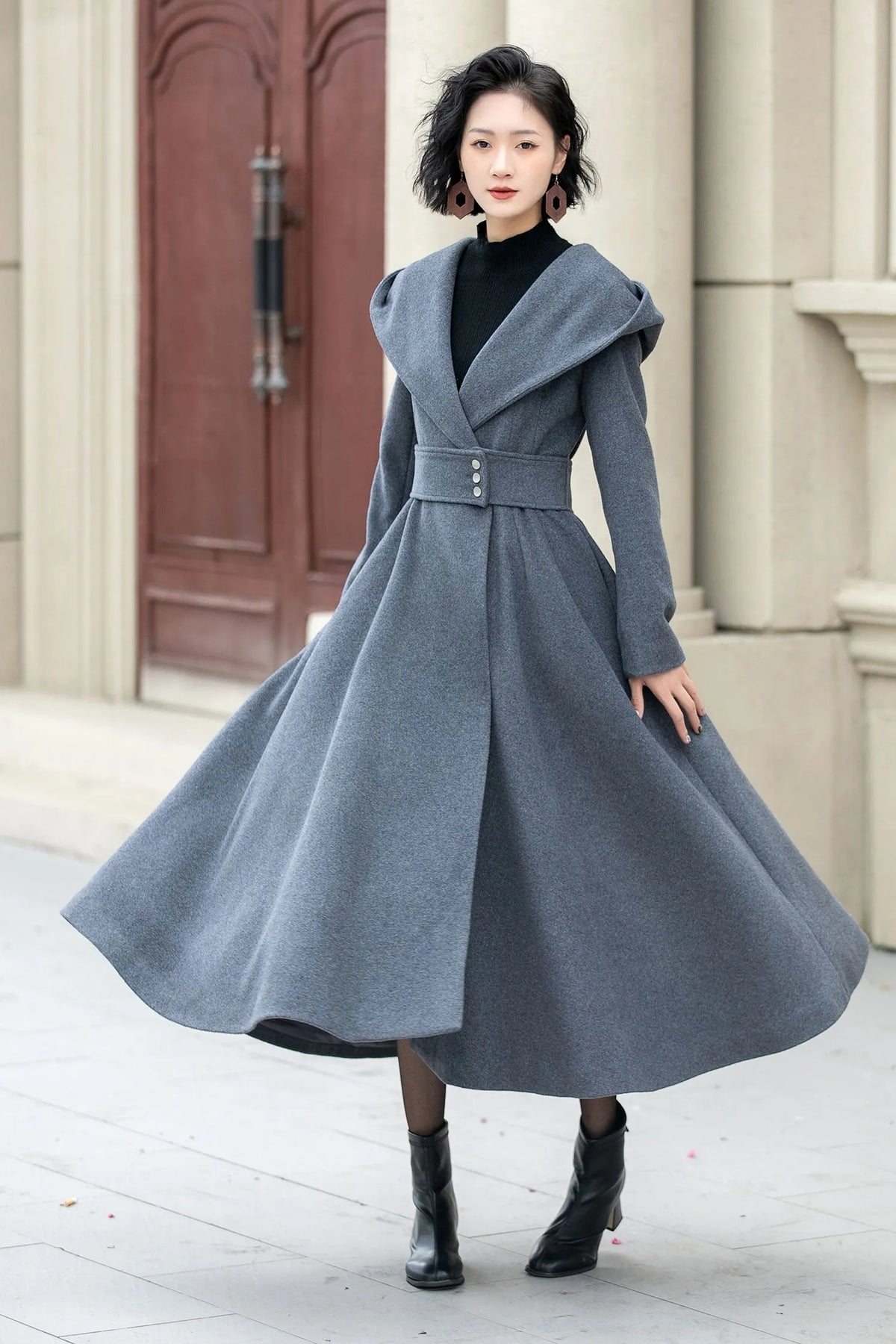 Gray Wool Hooded Long Coat - Oversize with Self Belt Waist 5344