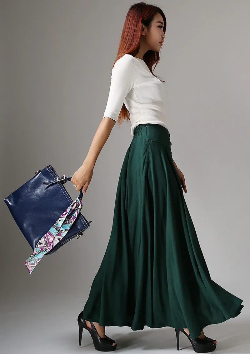 Handmade Green Linen Maxi Skirt – Vintage High Waist A-Line Skirt 
