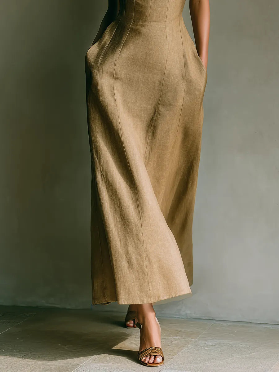 Women's Taupe Linen Maxi Dress With Bustier Bodice & Thin Straps 