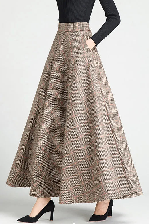 Plaid Wool Maxi Skirt - Swing Silhouette with Belt Loops 3794