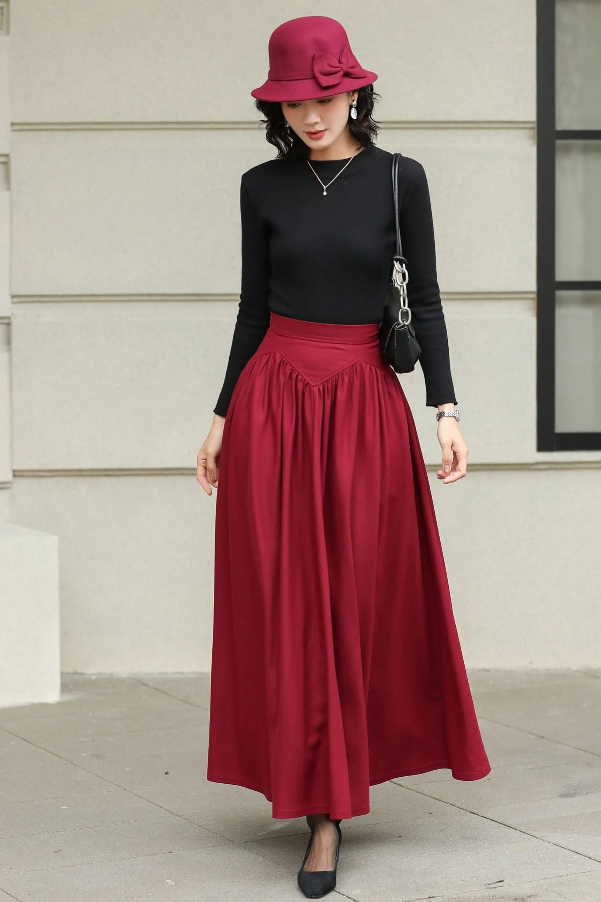 Burgundy Wool Maxi Skirt - Handmade High-Waisted Pleated 6420