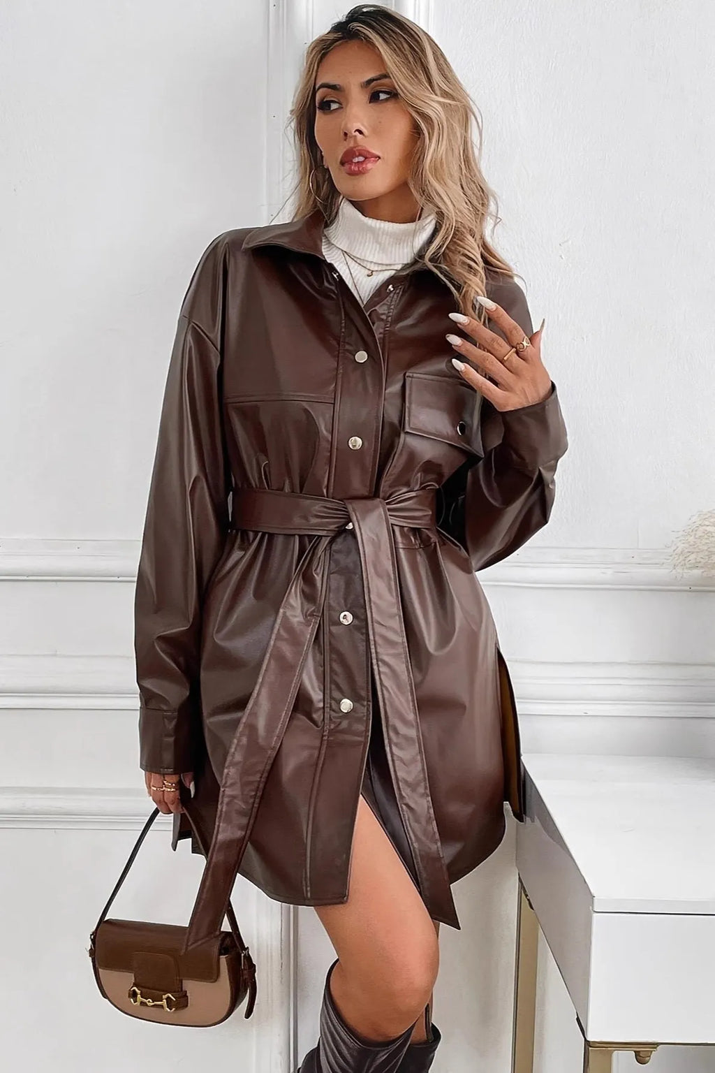 Mid-Length Windproof PU Belted Coat
