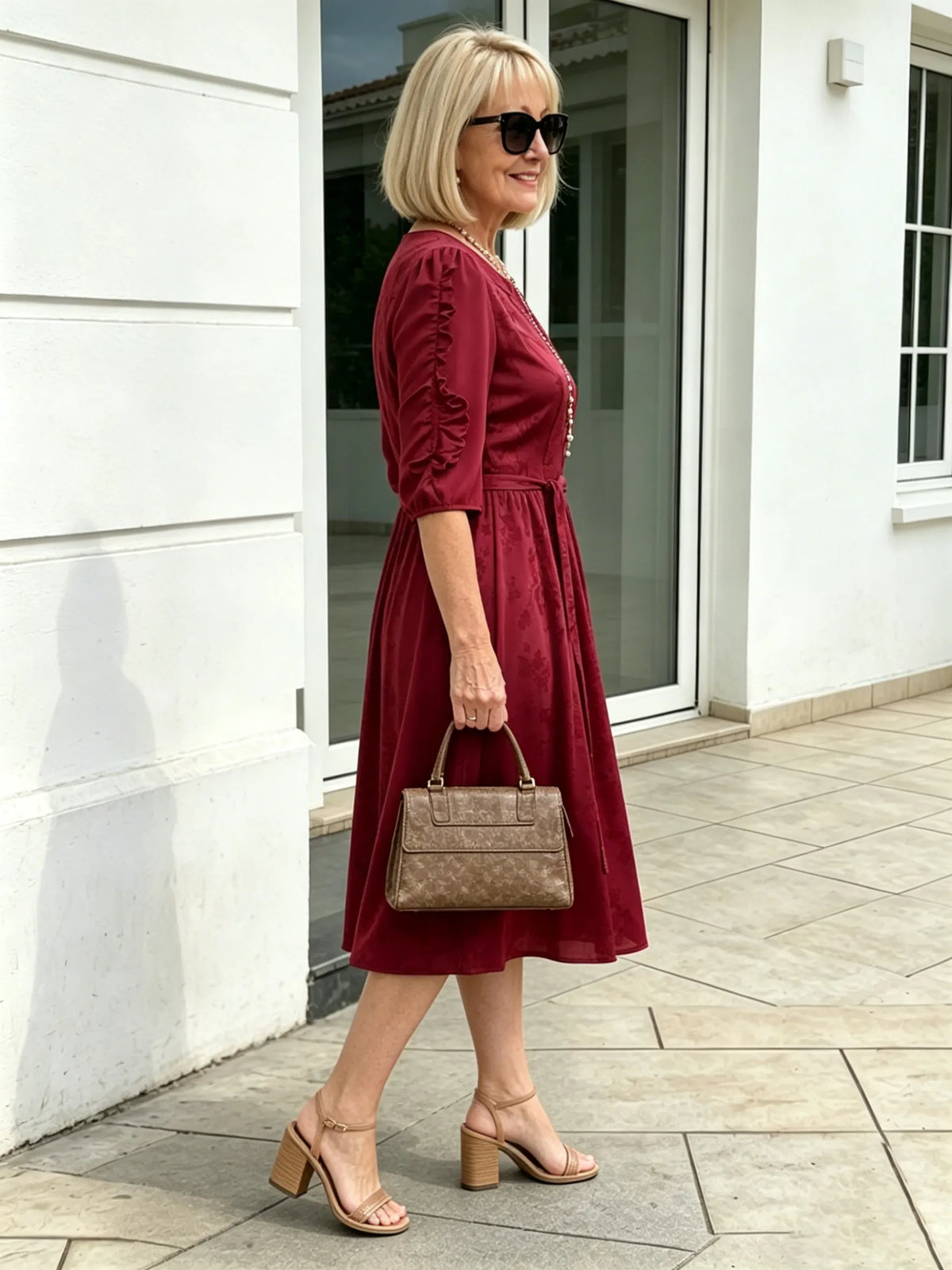 Coffee Brown Floral Print Midi Dress, Split Neck Button Front Ruffle 3/4 Sleeve Tie Waist Slimming Dress for Mature Wome