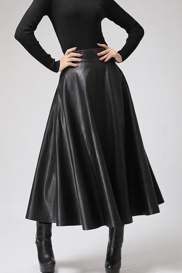 Handmade Black Faux Leather Midi Skirt – Vegan PU A-Line Skirt 