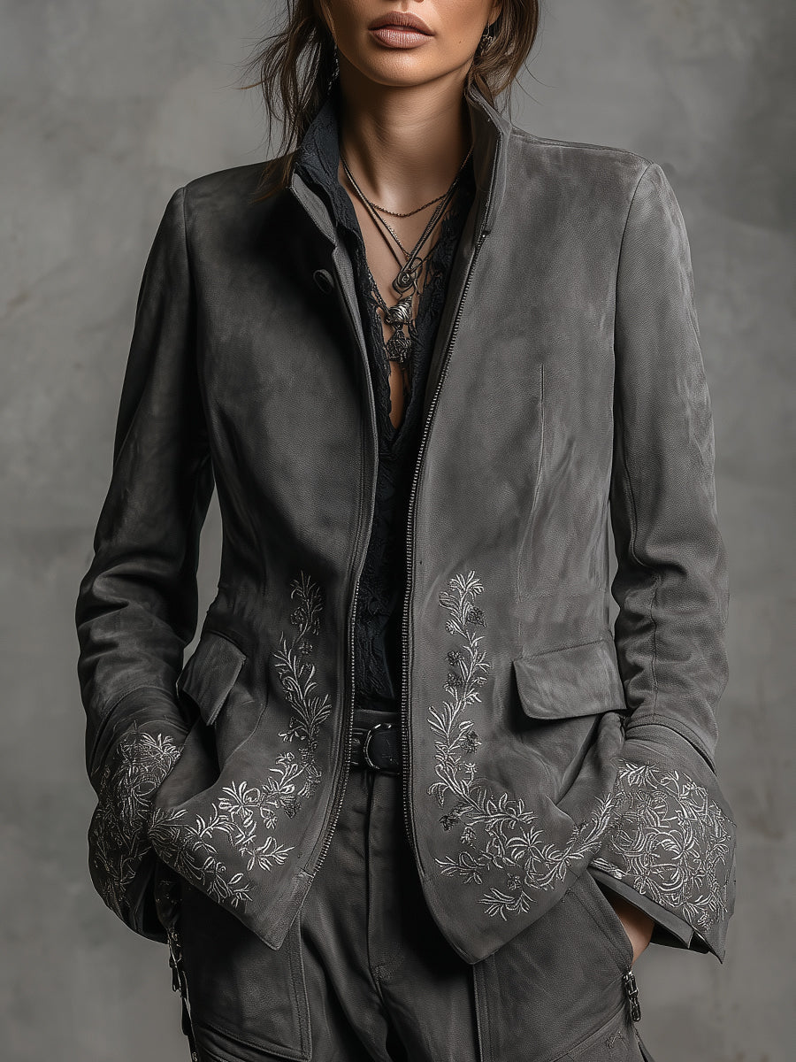 Boho Rock Stand Collar Embroidered Suede Jacket