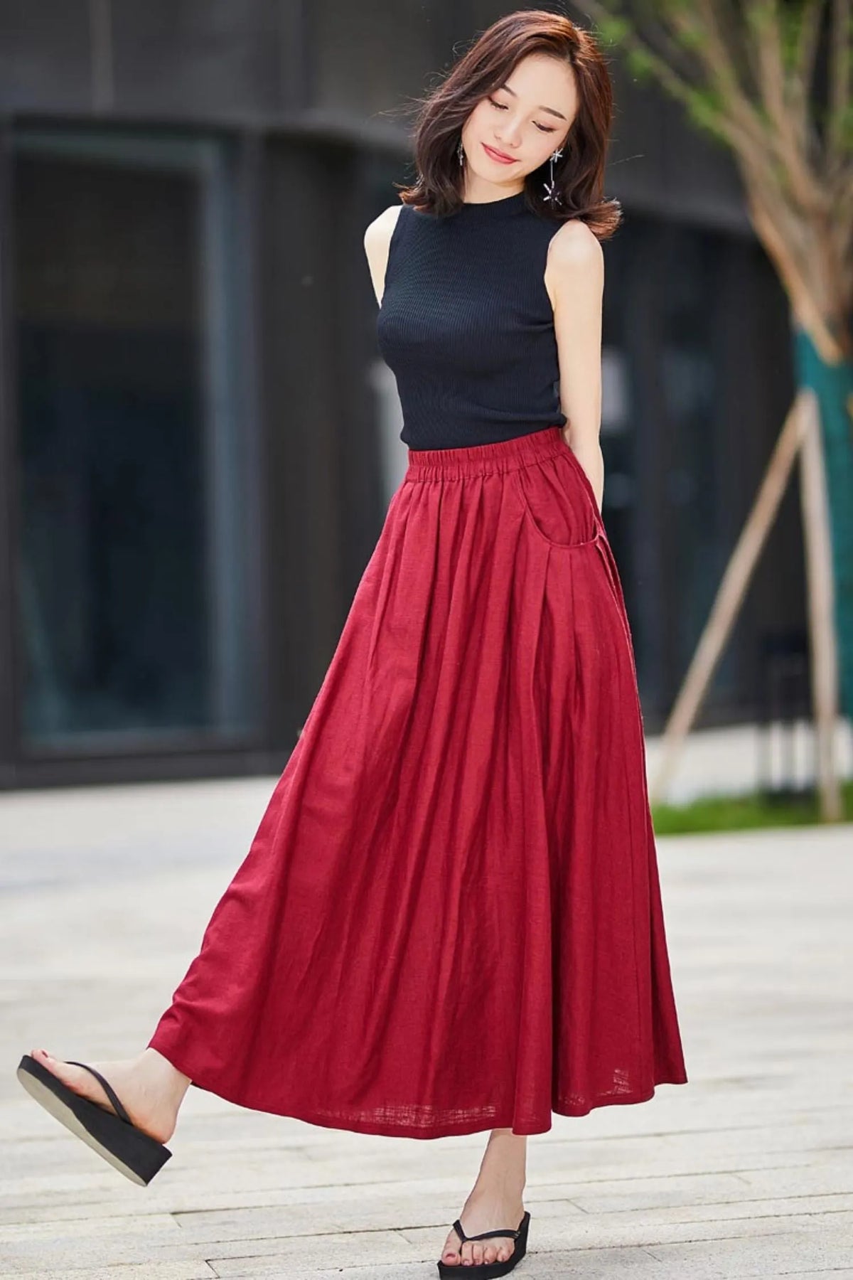 Red Linen Cotton Maxi Skirt - Pleated Pockets Flared 