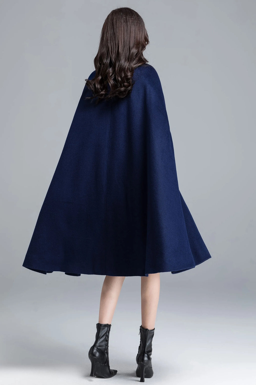 Women's Navy Wool Blend Cape – Button Front Winter Cloak with Structured Collar 2486