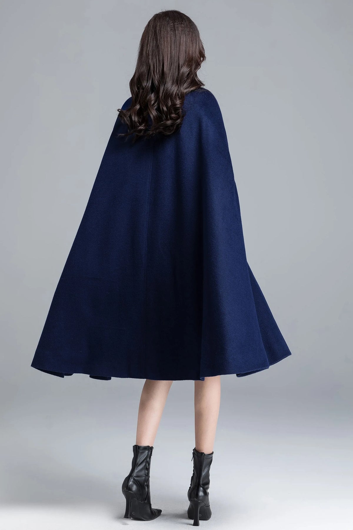 Women's Navy Wool Blend Cape – Button Front Winter Cloak with Structured Collar 2486