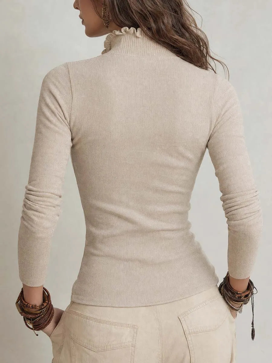 Vintage-style Stand-collar Ruffled Sweater