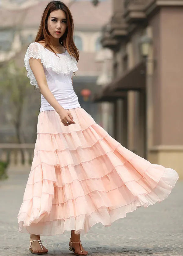 Pink Chiffon Tulle Maxi Skirt - 7-Layer Flowy 