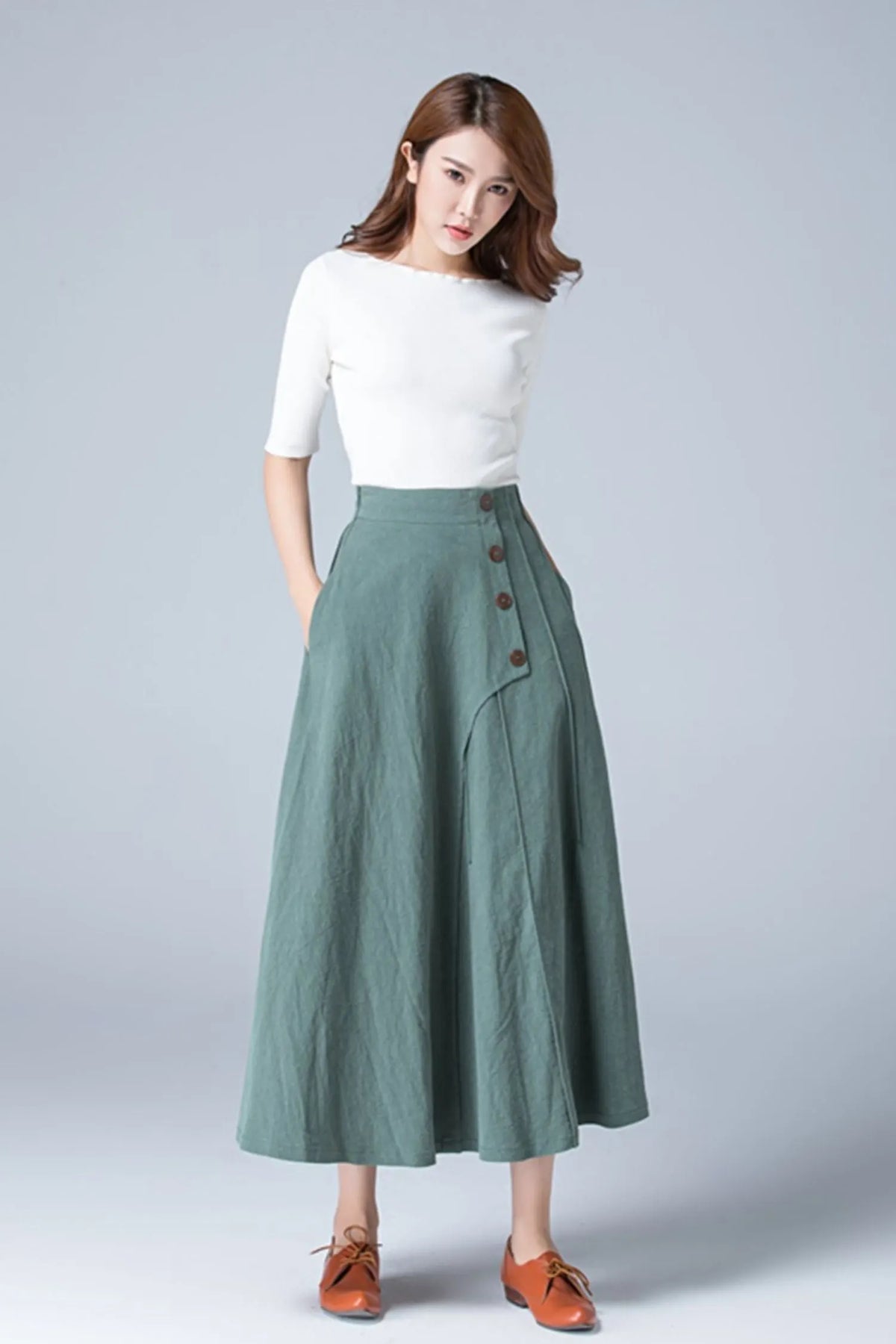 Green Linen Maxi Skirt - A-Line with Button Detail 1775