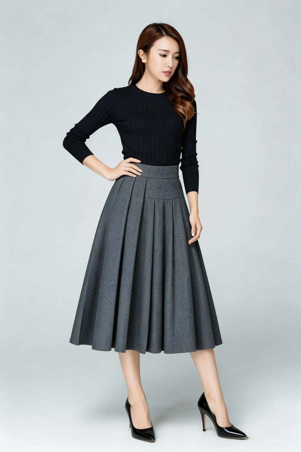 Gray Wool Blend A-Line Midi Skirt - High Waist Pleated Elegance 6926