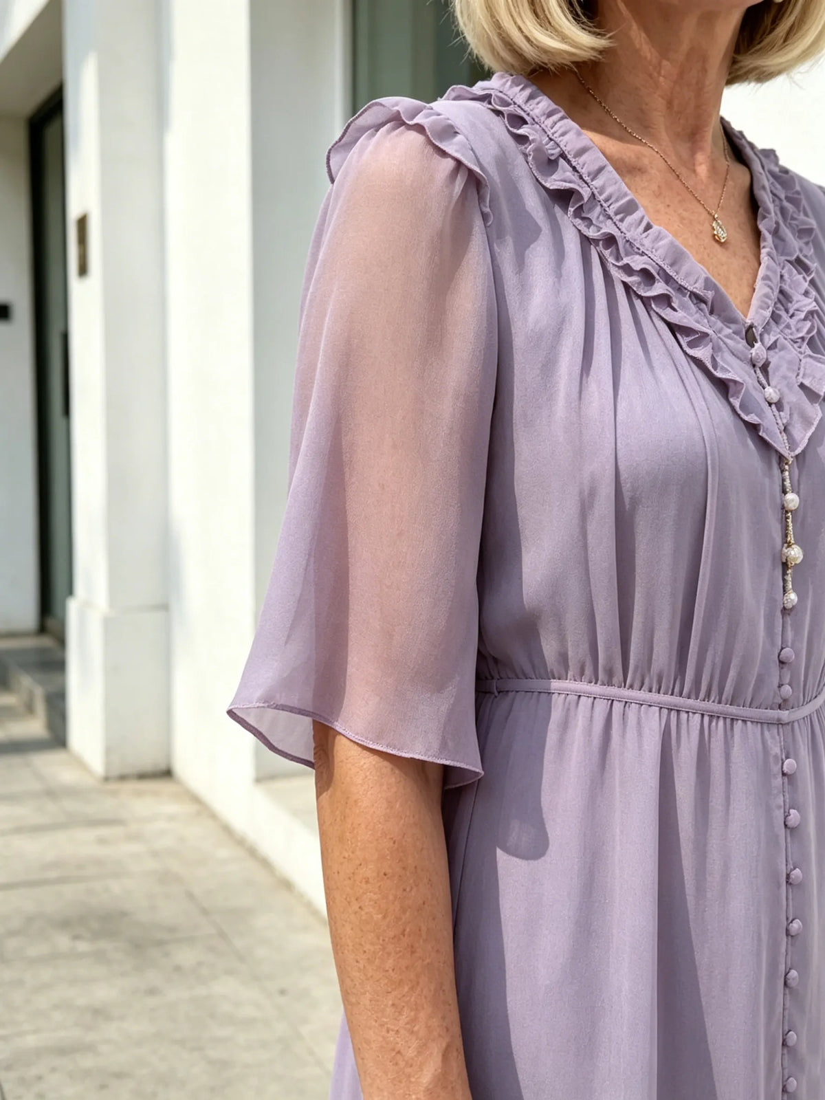 Lavender Ruffle V-Neck Chiffon Midi Dress, Elastic Waist Half Flutter Sleeve Button Detail Slimming Casual Dress for Mat