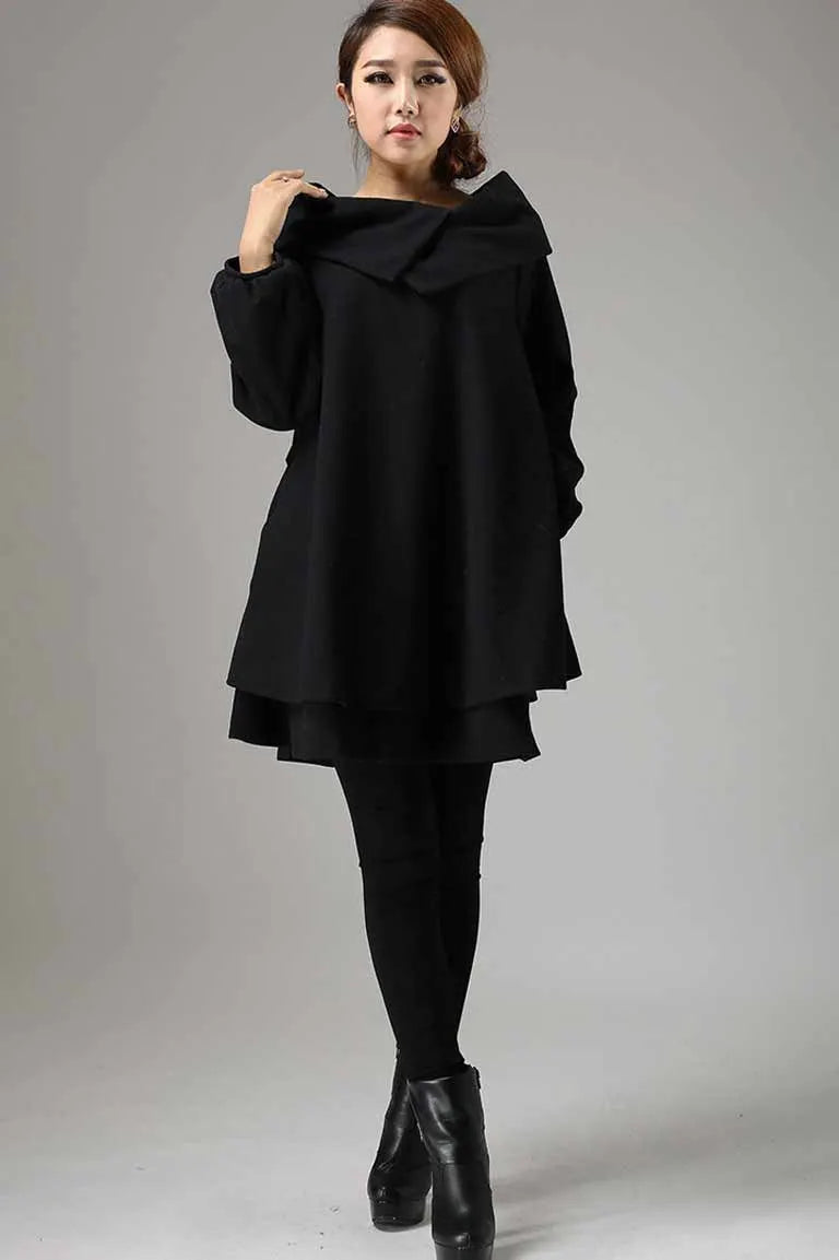Red Wool Tunic Dress - Oversized Collar, Relaxed Fit Swing Silhouette 349