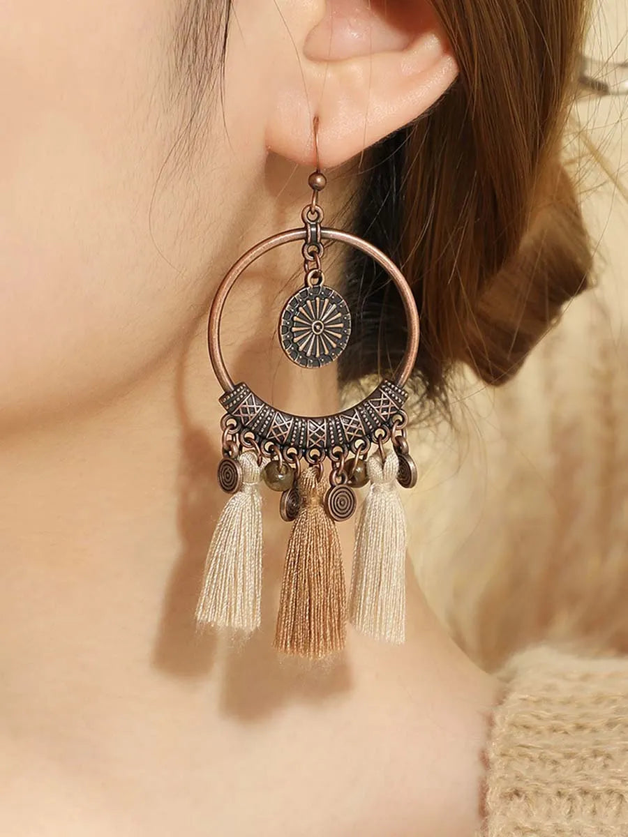 Vintage Distressed Bohemian Tassel Necklace Earrings Set