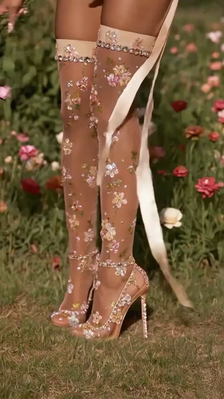 Floral Rhinestone Over‐the‐knee Socks 